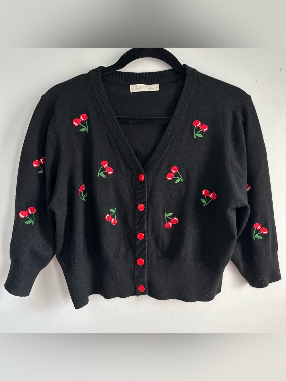 Belle Poque Women 3\4 Sleeve V-Neck Button Down Cherries Embroidery Cropped XL